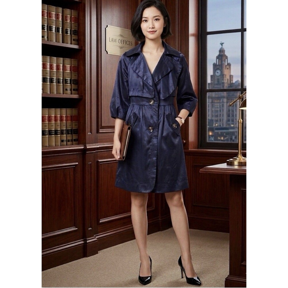 La Chapelle SPORT Vintage Dark Navy Satin Short Trench Coat / Dress SZ38 :US 4-6